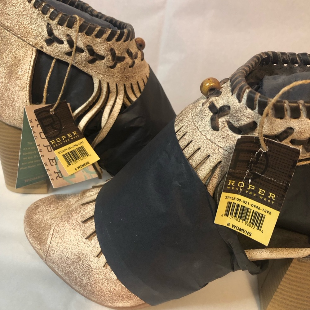 Roper Bettina Fashion Leather Open Toe Sandal Vintage Beige Suede Tan Fringe New - Picture 4 of 9